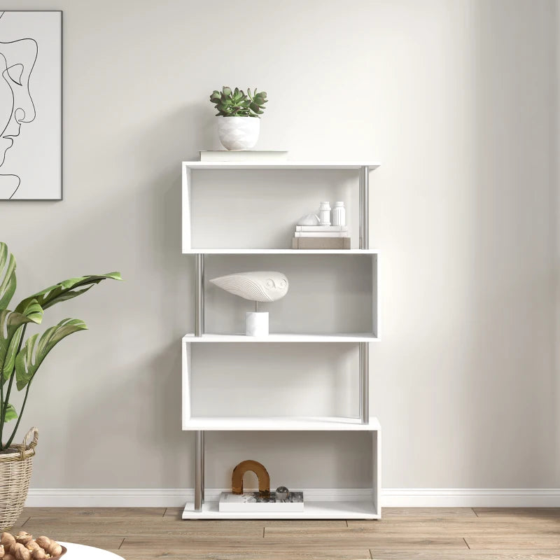 White S-Shaped 5-Tier Bookcase - Modern Freestanding Storage Shelf