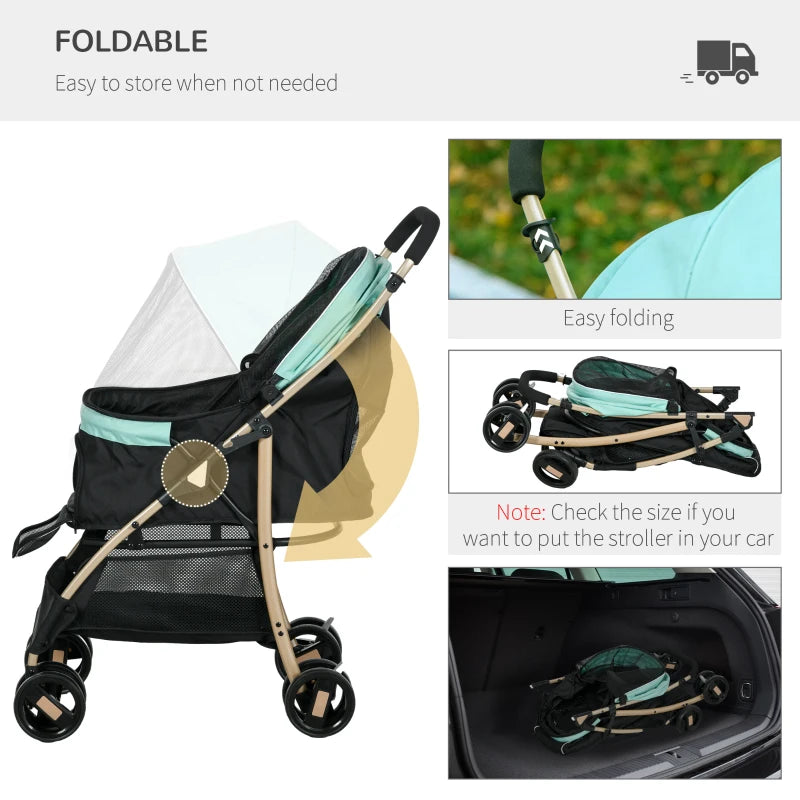 Green Pet Stroller for Small Dogs with Rain Cover