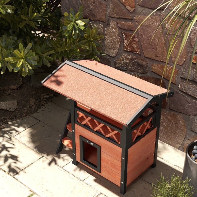 Brown Outdoor Cat House with Balcony and Stairs, 77 x 50 x 73 cm