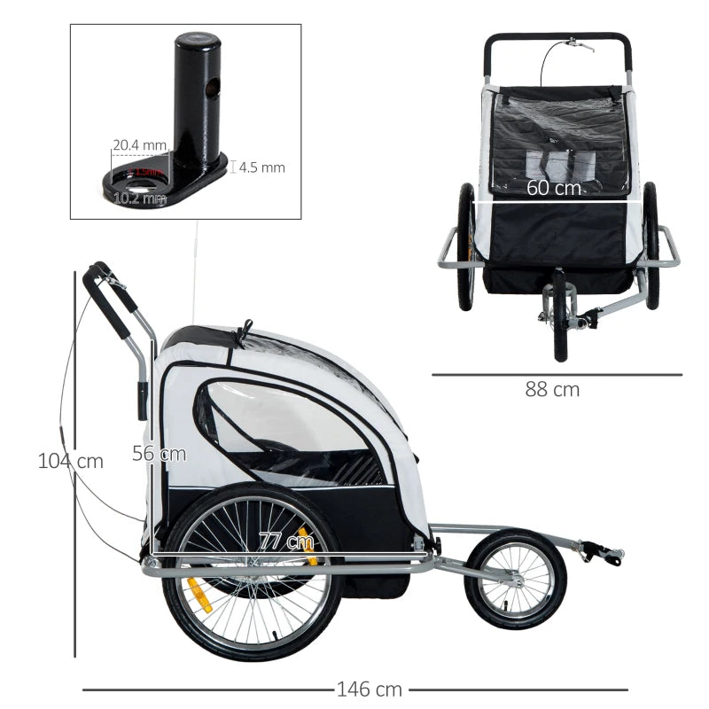 2-Seater Baby Bike Trailer with Pivot Wheel Hitch - Black & White