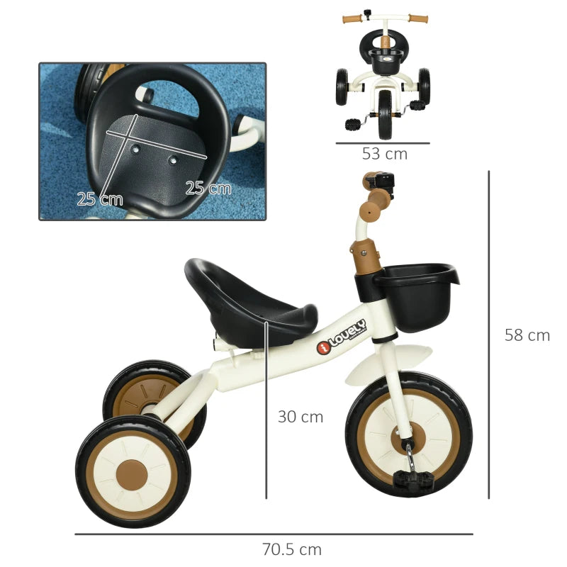 White Kids Trike with Adjustable Seat, Basket & Bell - Ages 2-5