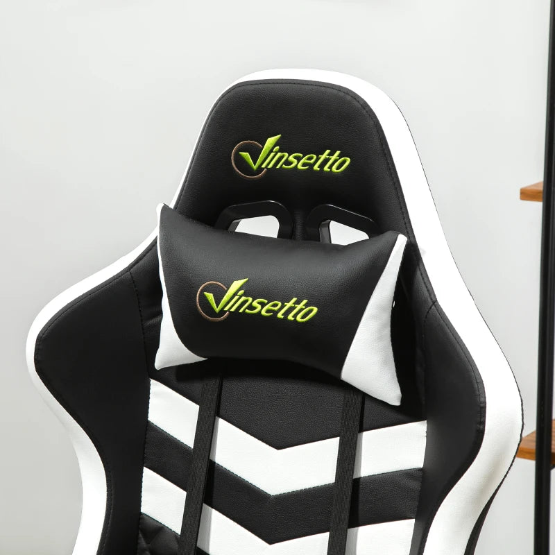 Black White Gaming Chair with Lumbar Support and Swivel Wheels