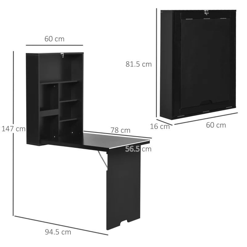 Black Wall-Mounted Drop-Leaf Table with Chalkboard and Shelf