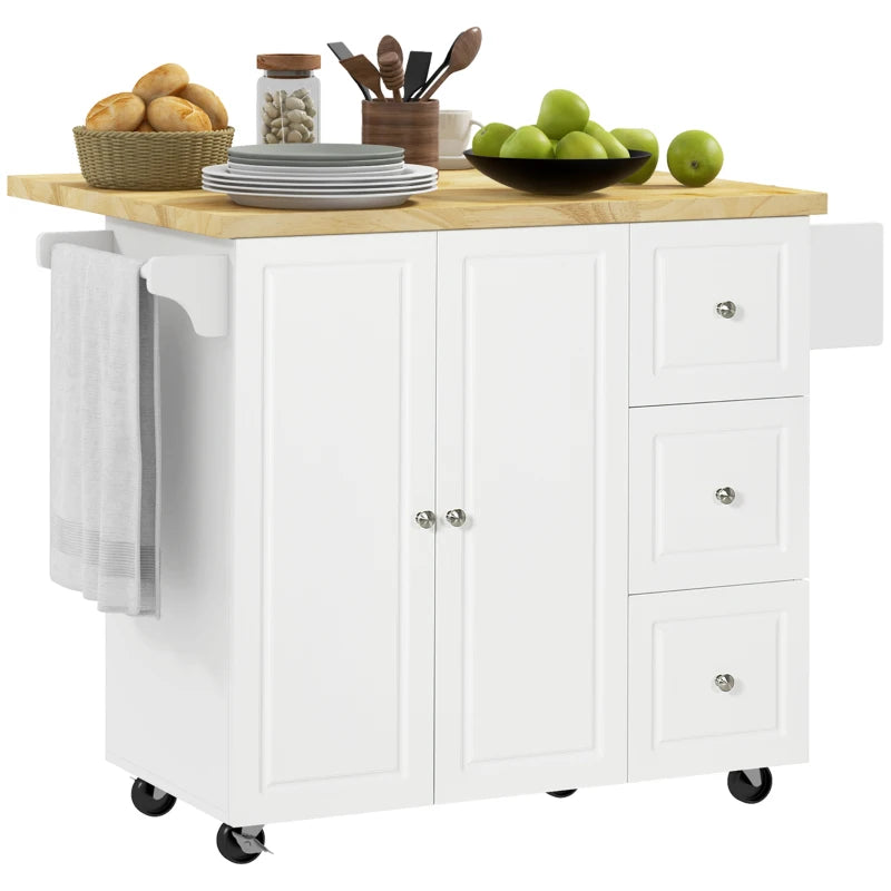 White Drop-Leaf Kitchen Island Cart with Drawers & Cabinet