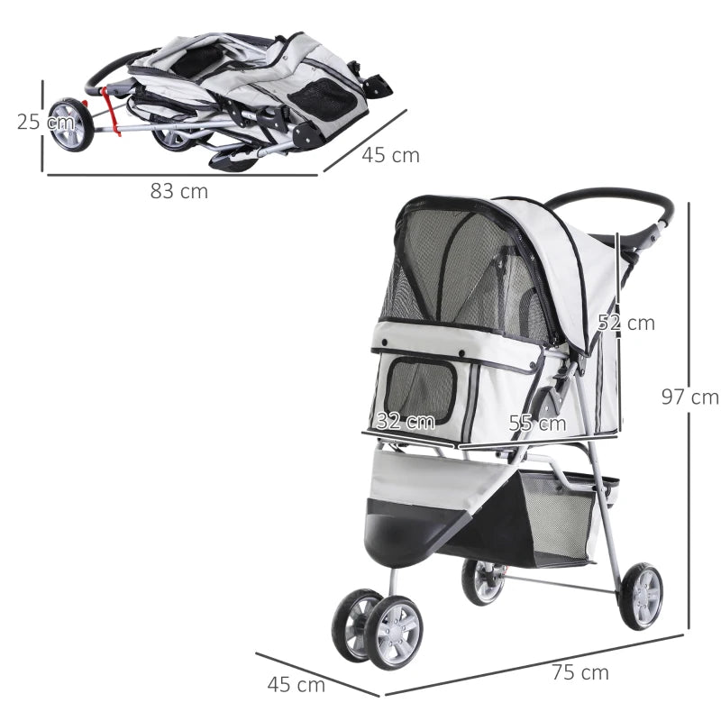 Grey Pet Travel Stroller for Small Dogs - 3-Wheel Puppy Carrier