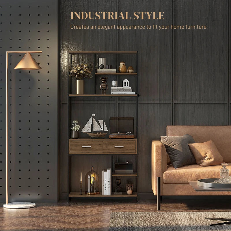 Seven-Shelf Industrial Display Shelf with Drawers - Brown/Black