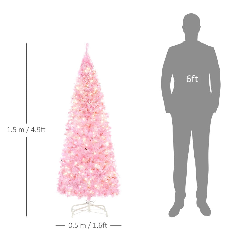 5FT Pink Prelit Pencil Slim Christmas Tree, 250 Warm White LED Lights, 408 Tips