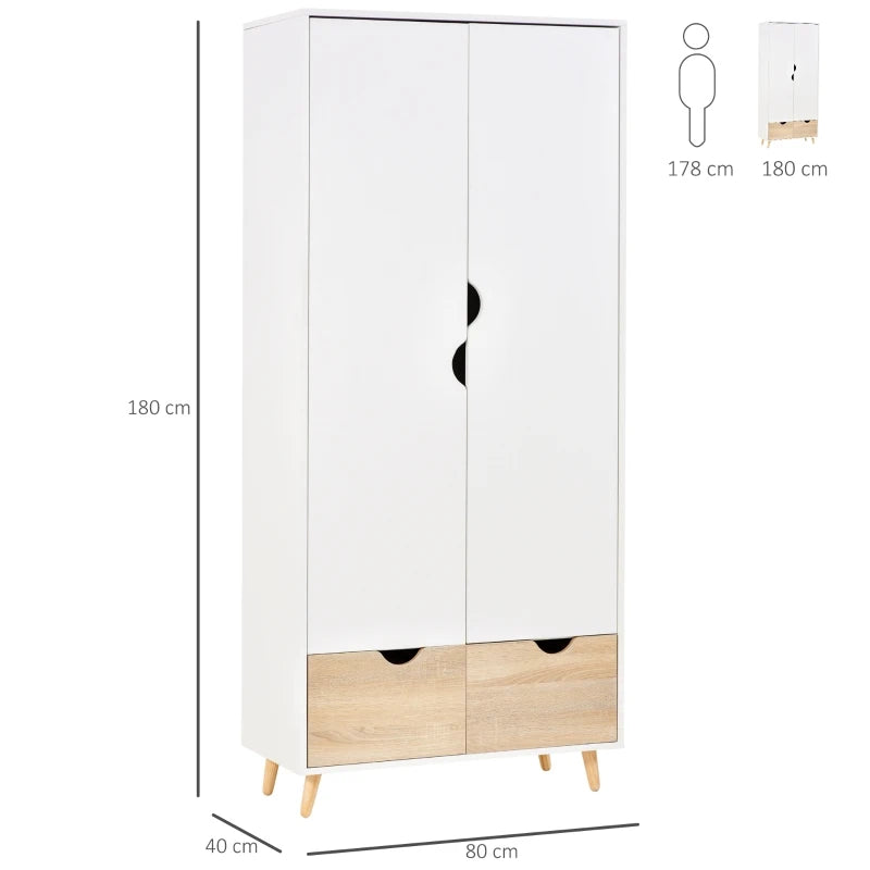 White 2-Door Wardrobe with Rail, Shelf, and Drawers - Home Storage Solution