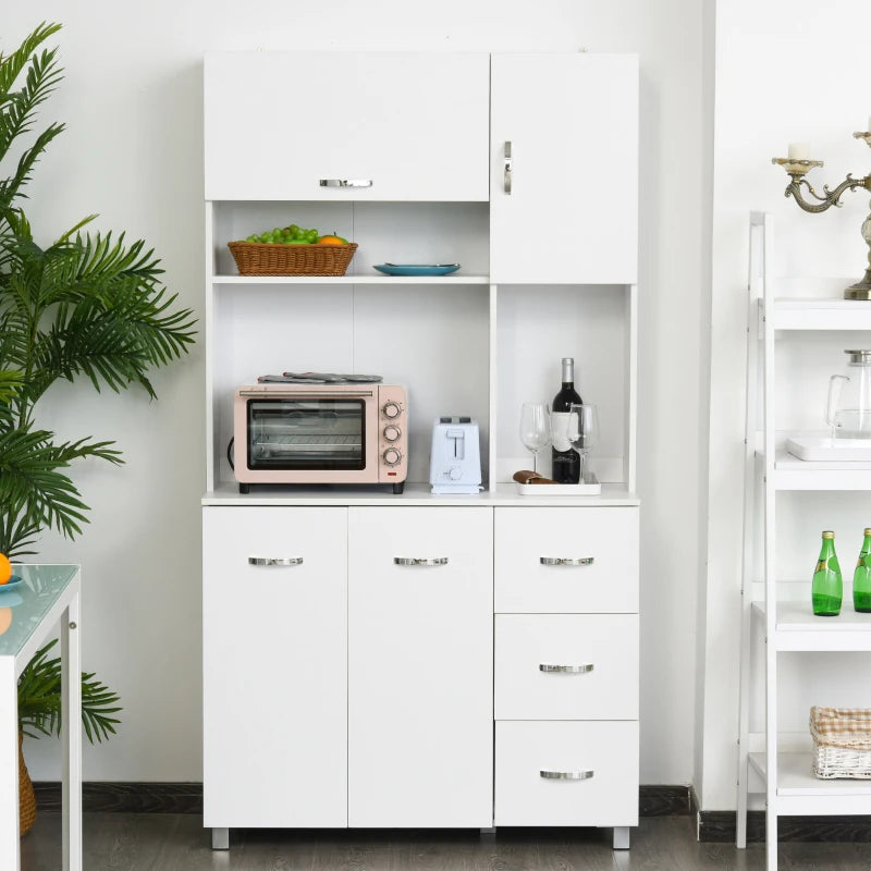 White Kitchen Storage Cabinet with Drawers and Shelves