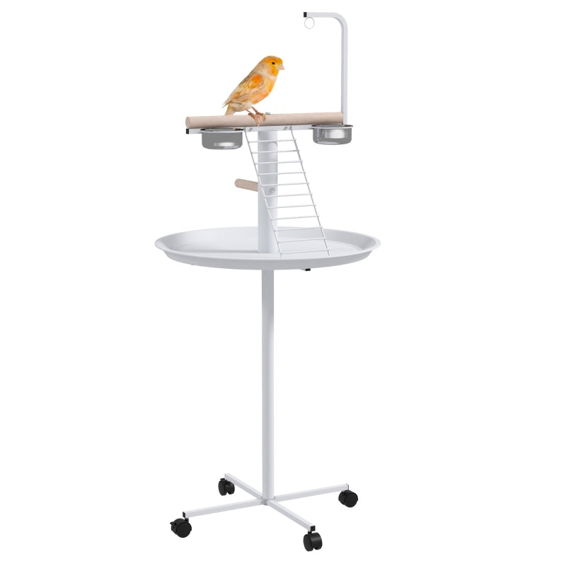 White Bird Stand with Wheels, Perches, Stainless Steel Bowls, Tray - Garden, Indoor, Outdoor