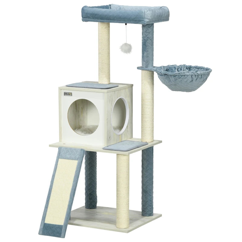 Modern Grey Cat Tree with Scratching Posts and Hammock