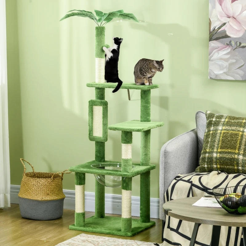 Green Cat Tree Tower with Scratching Post, Hammock, Toy Ball - 142cm