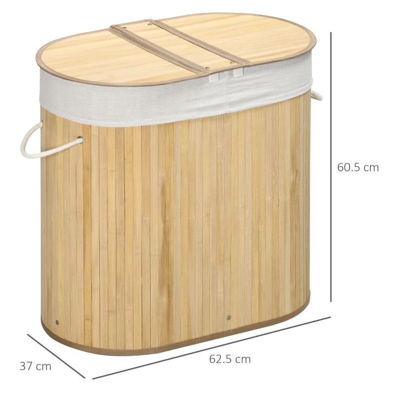 Natural Bamboo Laundry Hamper with 2 Sections, 100L Capacity