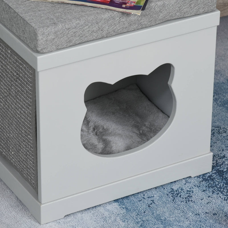 Grey Cat Cube Bed with Soft Cushion and Scratching Pad