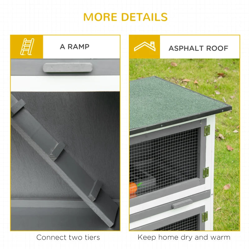 Grey 2 Tier Rabbit Hutch with Sliding Tray & Ramp, 100x47x91cm