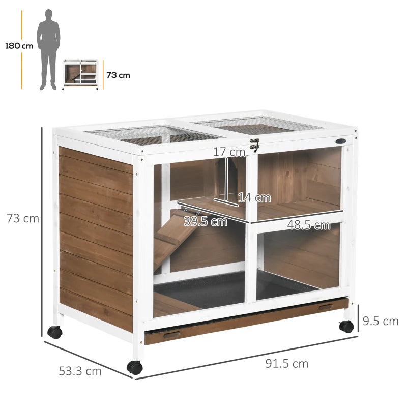 Brown Wooden Rabbit Hutch with Tray, Ramp, Roof, Wheels - 91.5 x 53.3 x 73cm