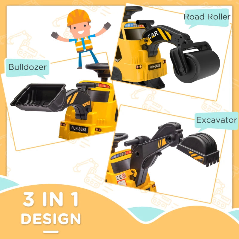 Yellow 3-in-1 Ride-On Construction Vehicle for Toddlers