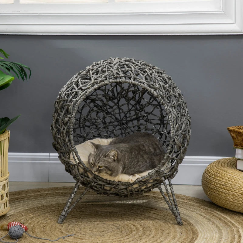 Silver and Grey Rattan Cat Bed with Removable Cushion