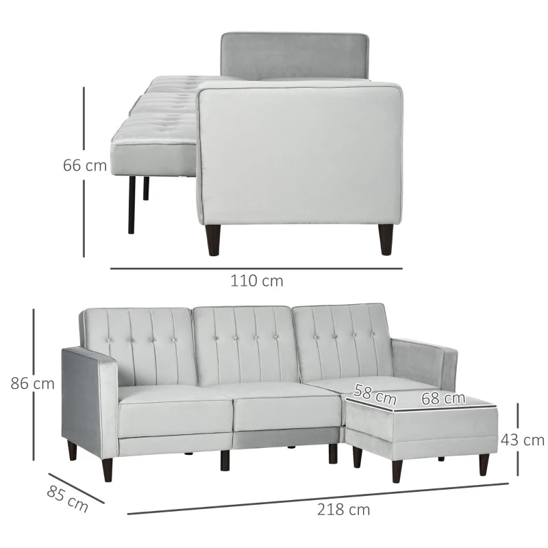 Light Grey L-Shaped Sofa Bed Set with 3-Seater Sofa and Footstool