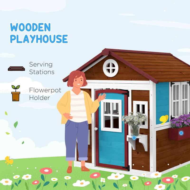 Kids Wooden Playhouse with Doors, Windows, Planters - Dark Brown