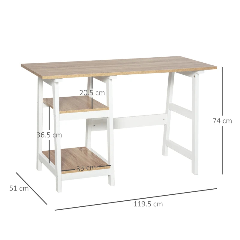 Compact White and Natural Computer Desk with Storage Shelves