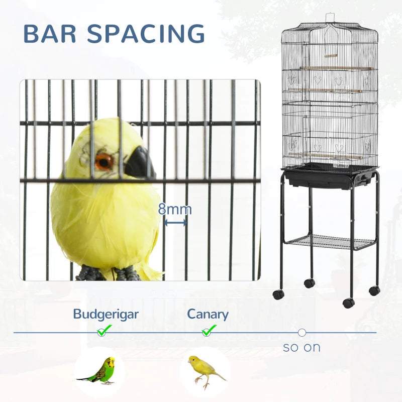 Black Bird Cage with Stand and Accessories, 46.5 x 36 x 157 cm