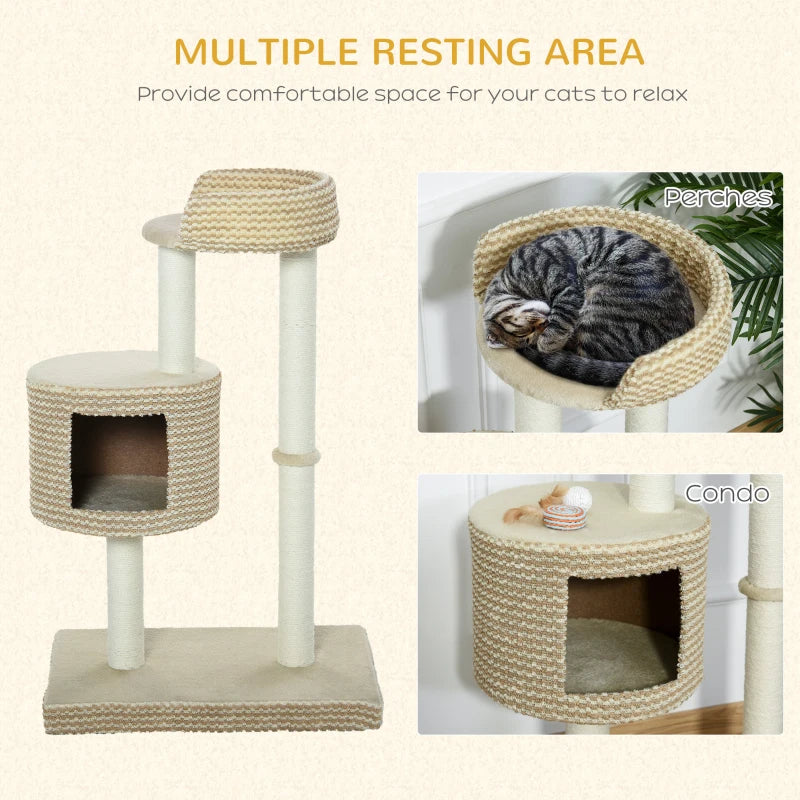 Beige Cat Tree Tower with Scratching Posts and Perch