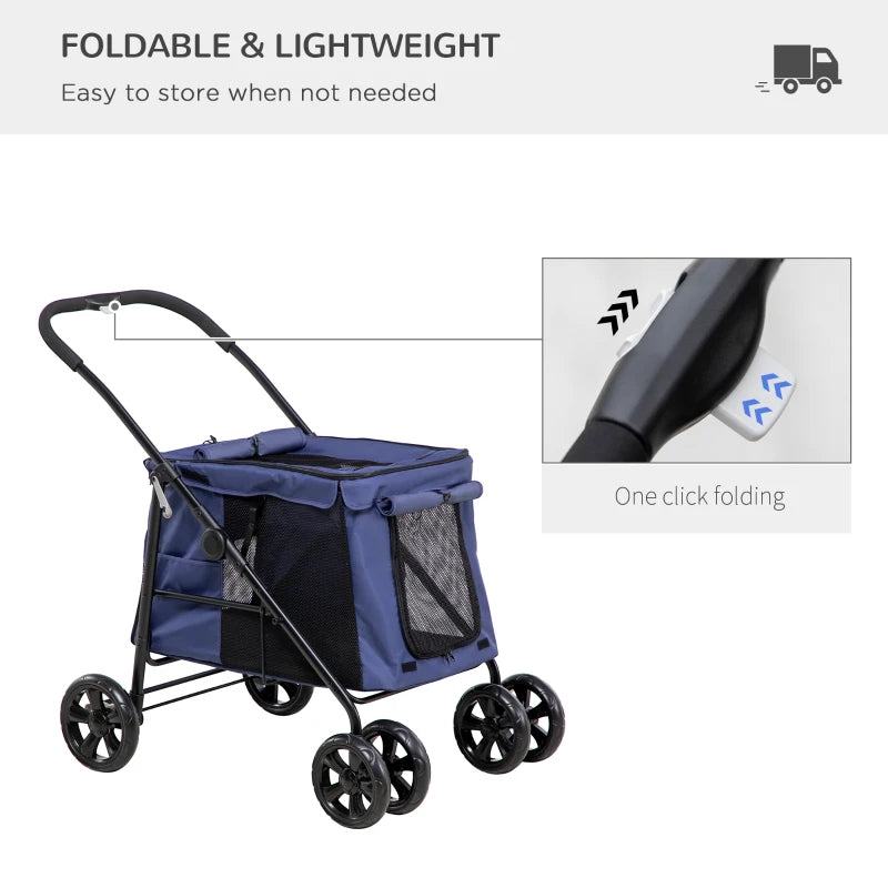 Foldable Pet Stroller with Cushion and Storage Bags, Dark Blue