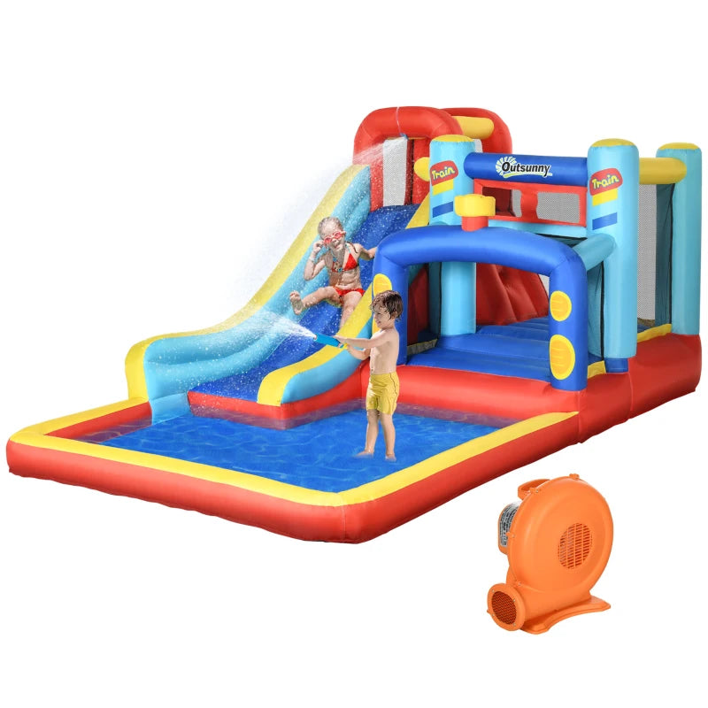 4-in-1 Multicoloured Bouncy Castle with Slide, Pool, Trampoline, Climbing Wall & Blower