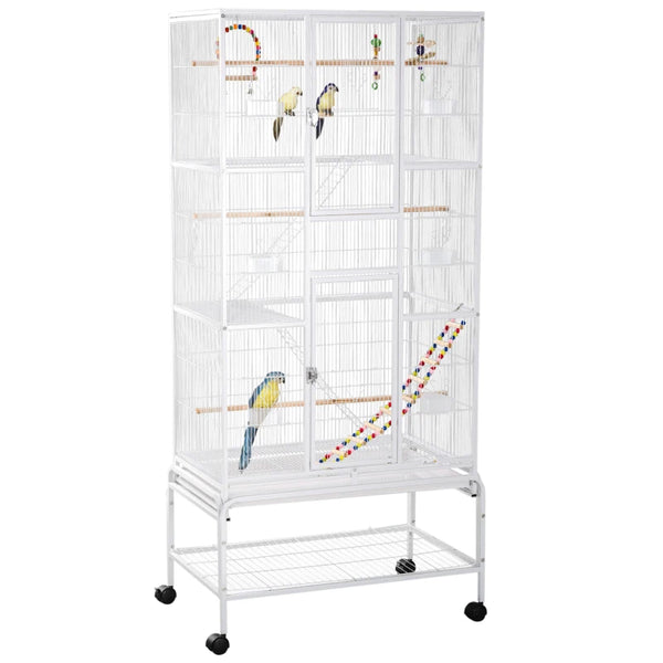 White 3 Tier Bird Cage with Stand, Wheels, Toys, Ladders, for Small Birds - Includes Accessories