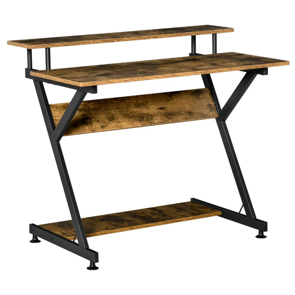 Rustic Brown Compact Computer Desk with Storage & Monitor Stand