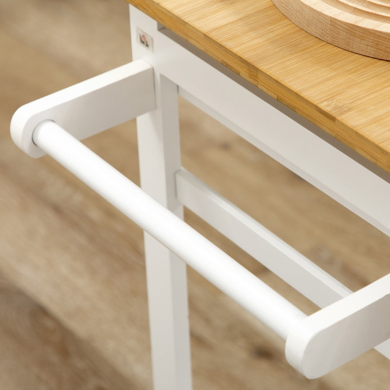 White Bamboo Kitchen Island Set with 2 Stools and Drop Leaf Top