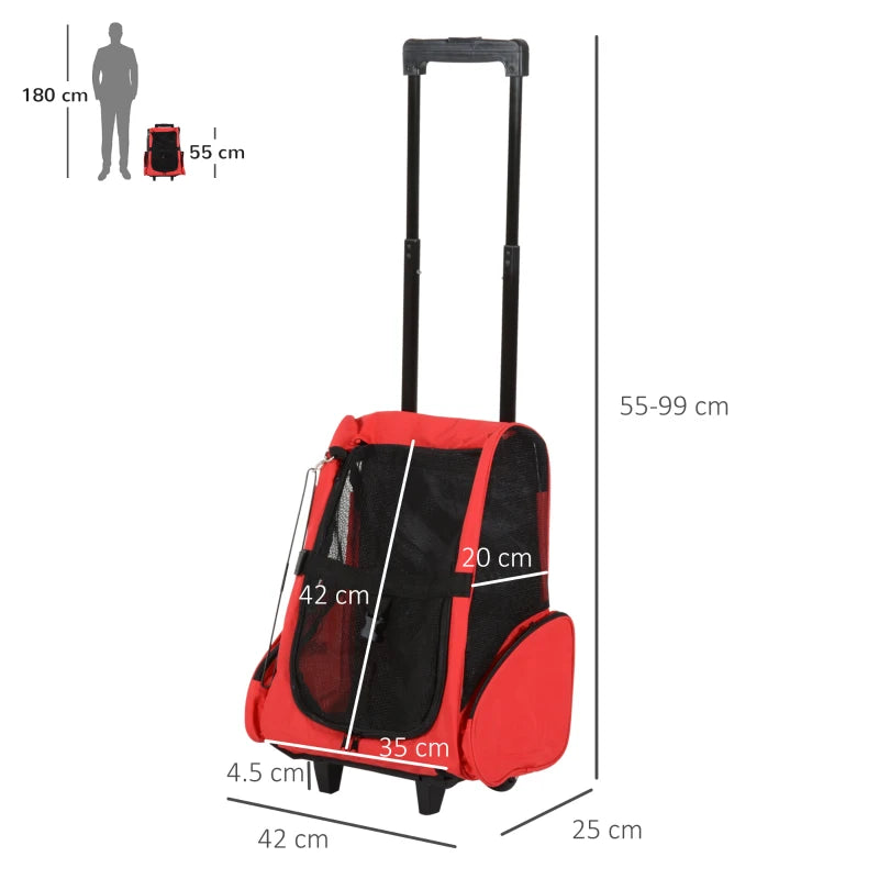 Red Pet Travel Backpack with Trolley and Telescopic Handle