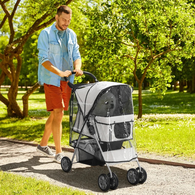 Grey Dog Stroller with Rain Cover for Small Dogs