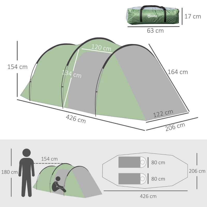 Green 2-3 Person Tunnel Camping Tent with Groundsheet & Rainfly