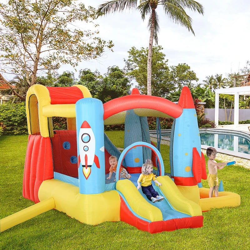 Inflatable Rocket Design Bounce Castle with Trampoline, Slide, and Pool - 3.4m x 2.8m x 1.85m - Blue