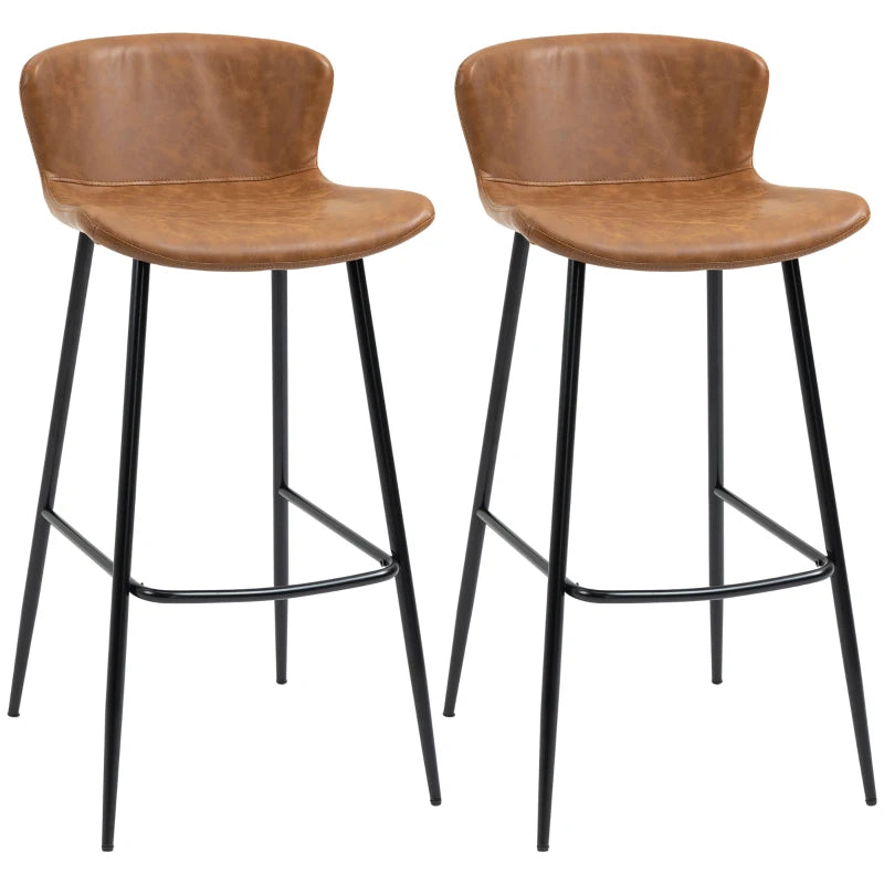 Brown PU Leather Bar Stools Set of 2 with Backs and Steel Legs