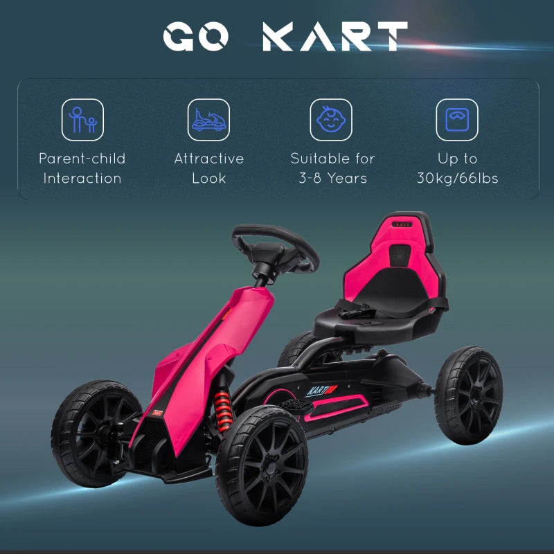 Kids Pink Pedal Go Kart with Adjustable Seat and Handbrake