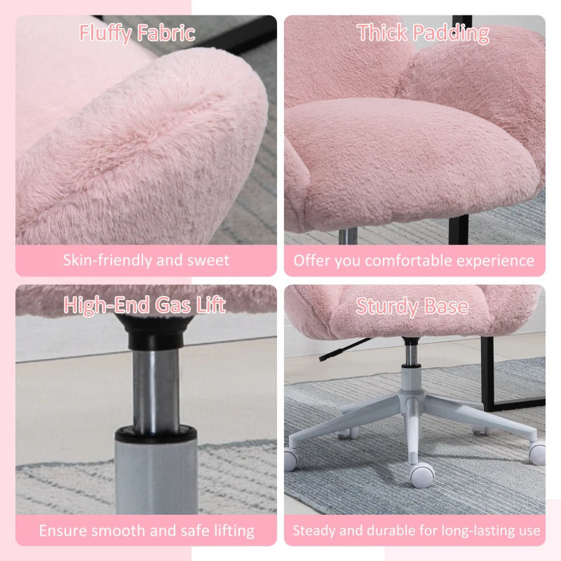 Blush Pink Fluffy Rolling Desk Chair for Home Office or Bedroom