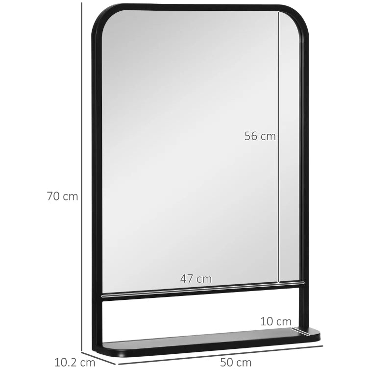 Black Square Wall Mirror with Storage Shelf, 70 x 50 cm - Modern Mirrors for Living Room, Bedroom