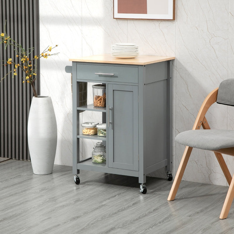 Grey Kitchen Utility Cart with Open Shelf & Drawer