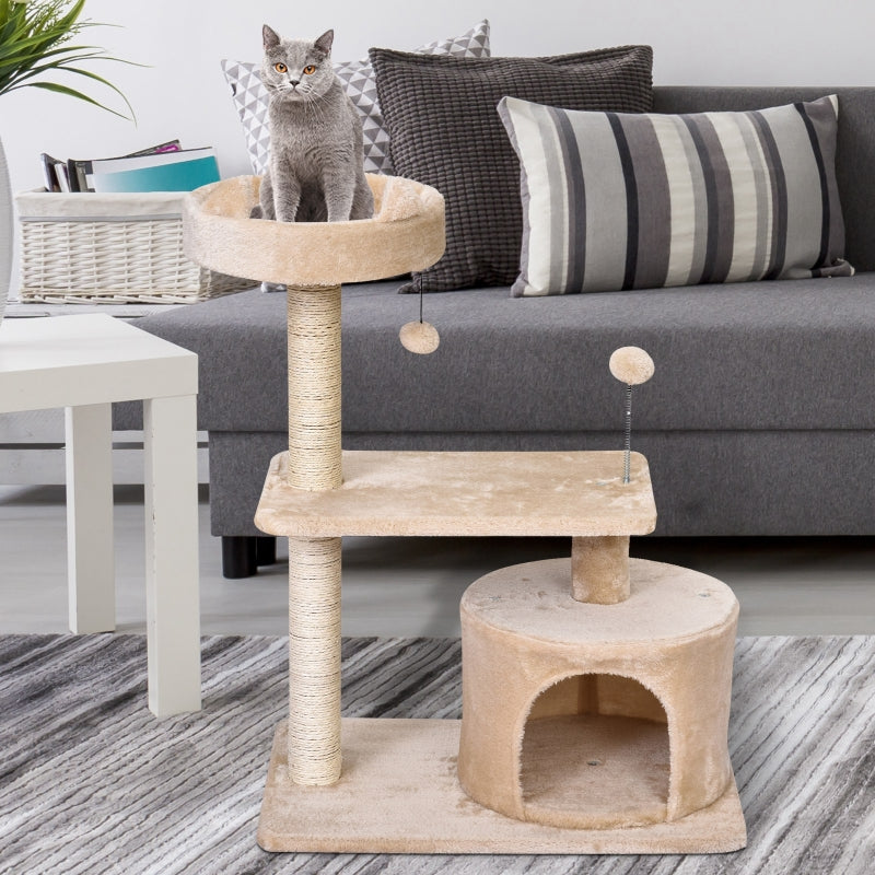 Beige Cat Tree Condo with Scratching Post and Perch - 60x40x81 cm