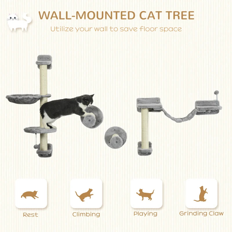 Grey Cat Wall Furniture Set with Hammock, Perches, Ladder, Scratching Post