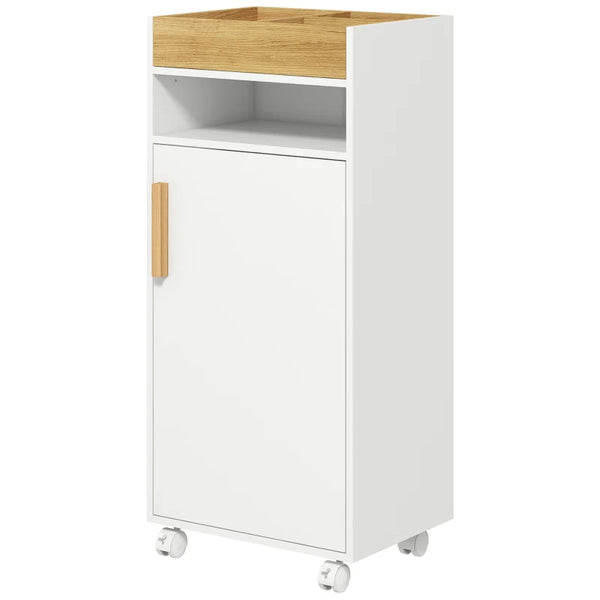 White Bathroom Storage Cabinet with Wheels and Cushioned Door