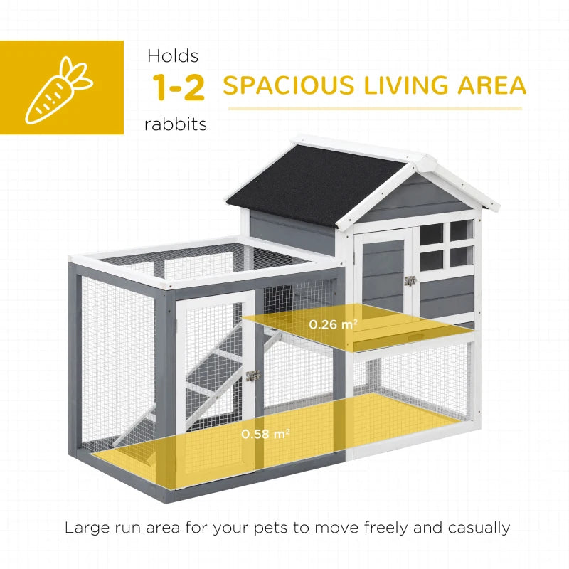 Grey 2-Tier Wooden Rabbit Hutch with Run and Sliding Tray, 122 x 62.6 x 92cm