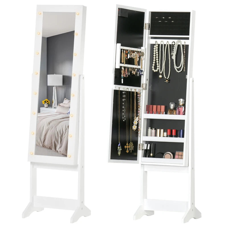 White LED Mirrored Jewelry Cabinet Armoire