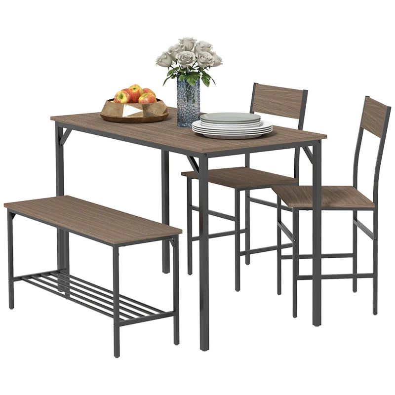 4-Piece Dining Set with Table, Chairs, and Bench - Grey