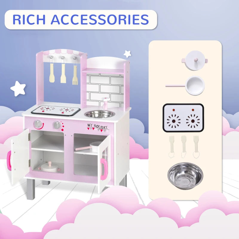 Kids Pink Pretend Kitchen Playset with Cooking Accessories