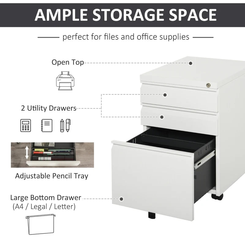 White 3-Drawer Lockable Metal File Cabinet for Letter A4 Legal Size