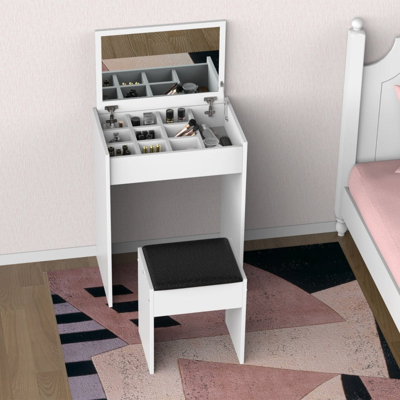 White Vanity Set with Flip-up Mirror and Padded Stool